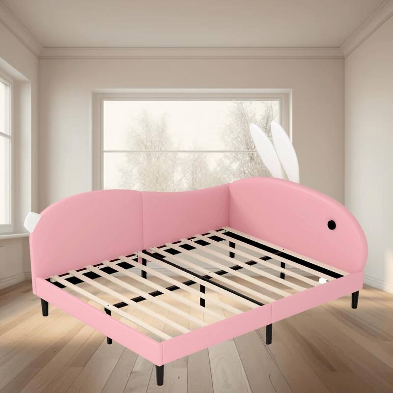 Rabbit-Shaped Upholstered Daybed with Rabbit Ear Headboard, Twin Full Size Sofa Bed for Kids Room, Cozy and Playful Design - Pink - Full
