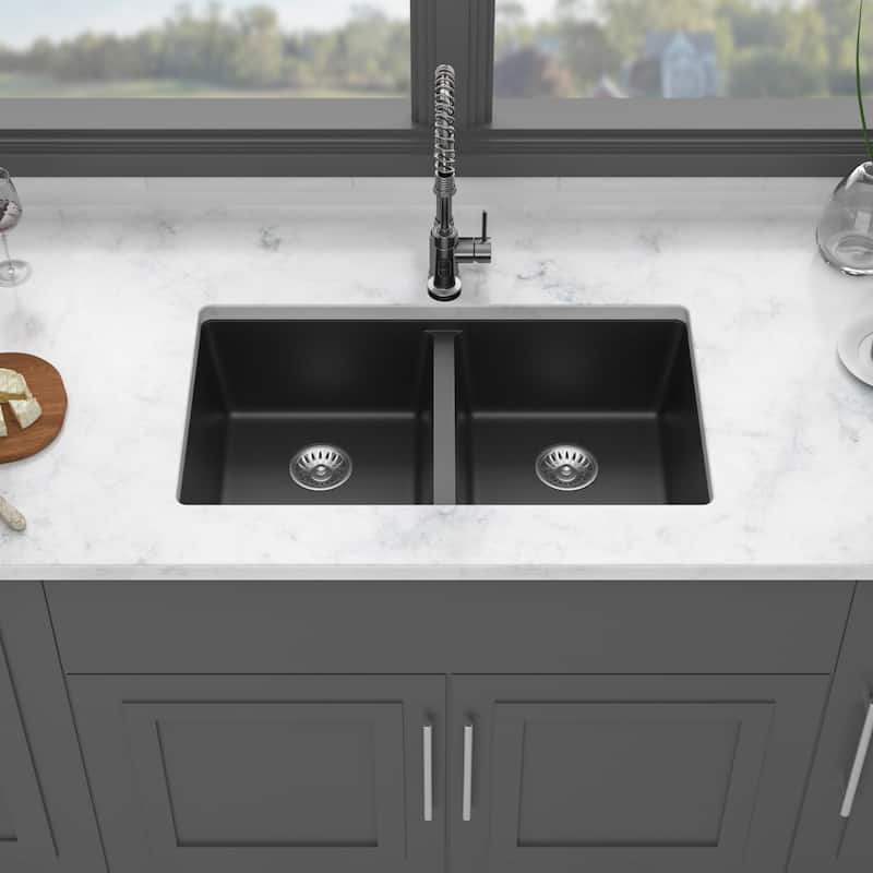 33" Undermount Double Bowl Quartz Kitchen Sink in Black - 33'' x 19'' x 10.33'' - Black - 33'' x 19'' x 10.33''