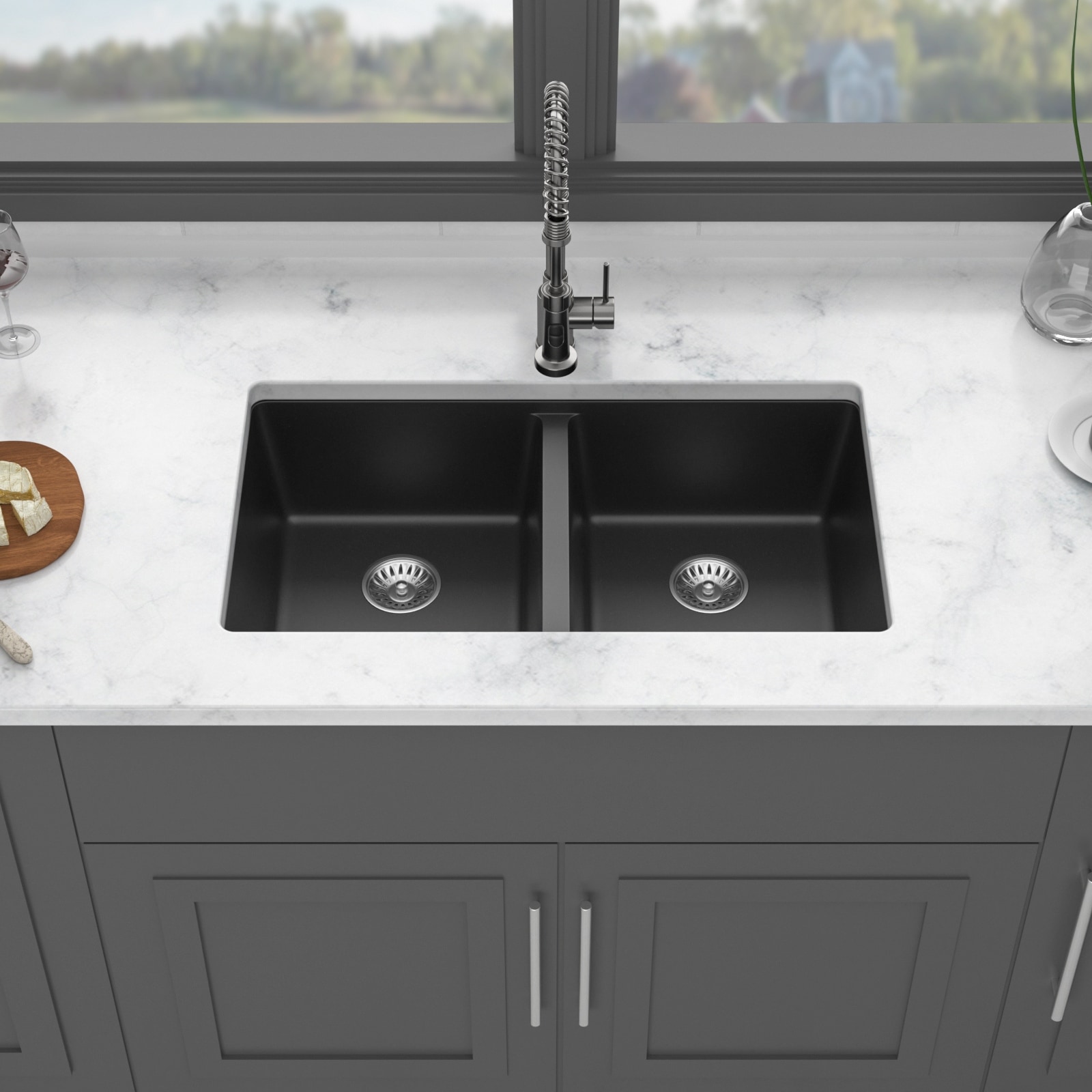 33" Undermount Double Bowl Quartz Kitchen Sink in Black - 33'' x 19'' x 10.33''