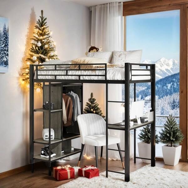 slide 2 of 12, Stylish & Simple Twin Size Metal Loft Bed with Built-in Wardrobe, Desk and Shelves, Sturdy Construction & Unique Design, Black Black