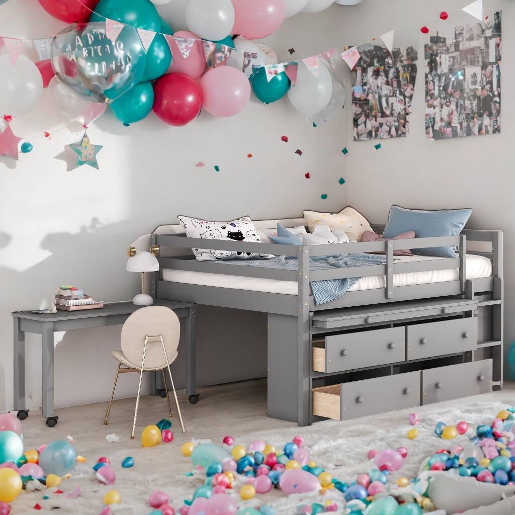 Full Size Wooden Loft Bed with Shelves, Desk and 4 Drawers, Grey