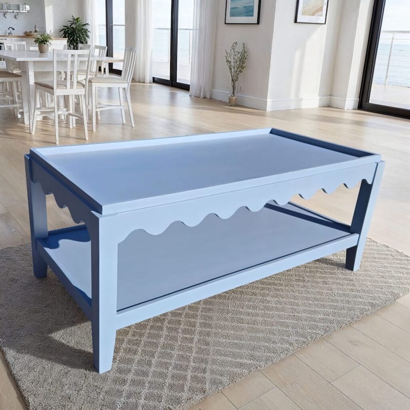 Carolina Chair & Table Scallop Coffee Table - Rectangular Mango Wood Side Table - Decorative Edge and Lower Shelf