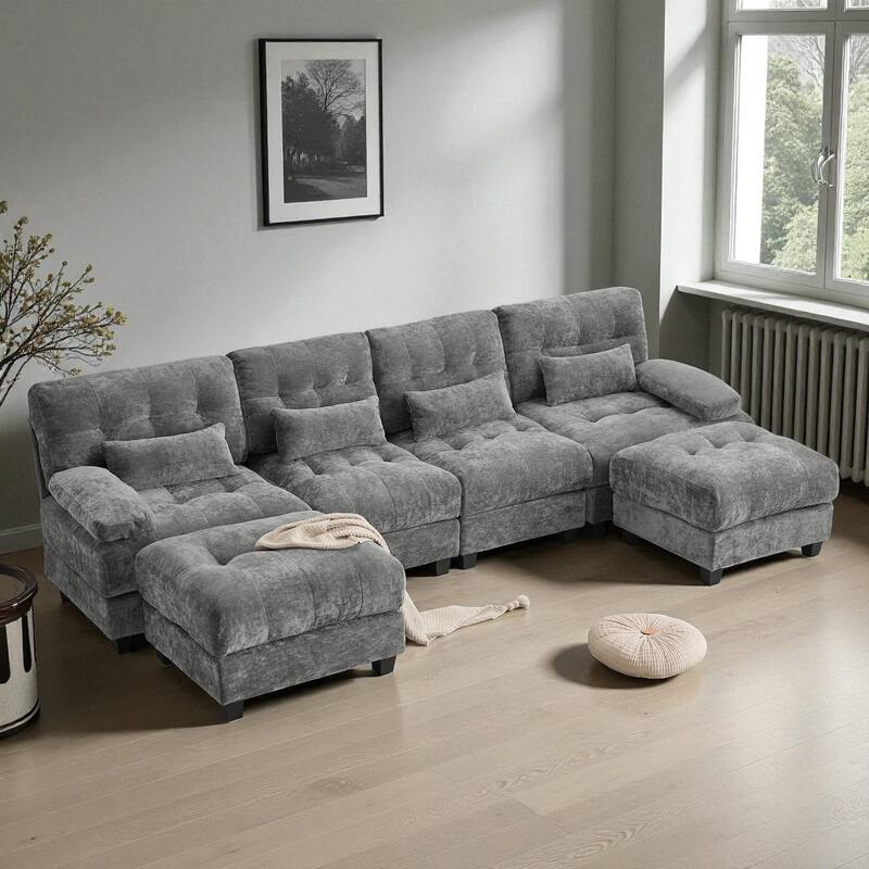 119" 4-Seater Chenille Sofa with 2 Ottomans, 4-Position Adjustable Backrest, 4 Pillows and Easy Assembly for Living Room - Grey