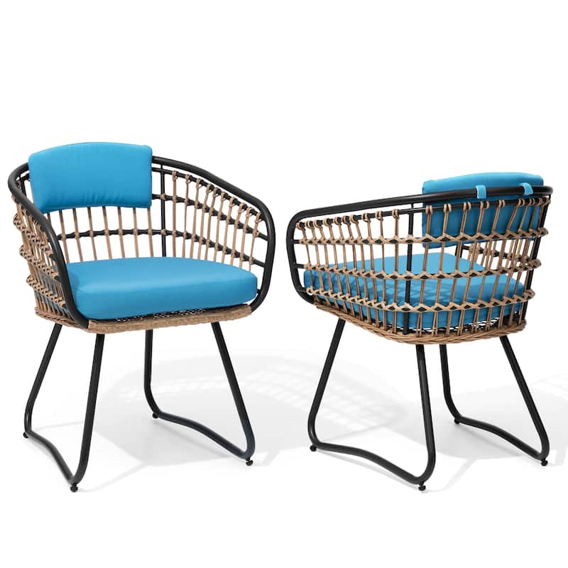 Outdoor Patio Wicker Dining Chairs PE Rattan Seating Set with Cushion - Blue-Setof2