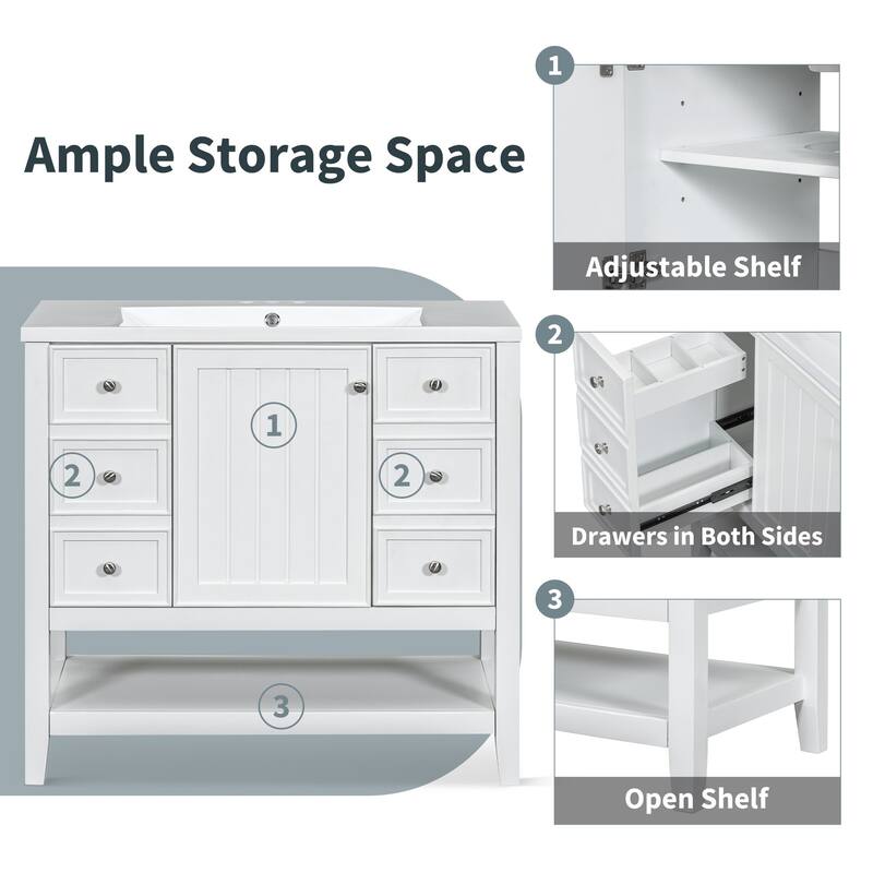 36-Inch Bathroom Vanity with Ceramic Sink - Solid Wood Frame, 3 Drawers, 1 Cabinet & Shelf - Modern Freestanding Design
