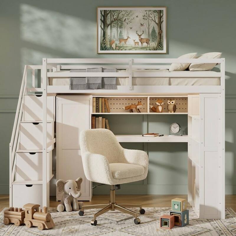 Full Loft Bed Frame with Wardrobe, Desk & LED Lighting by Harper&Bright Designs