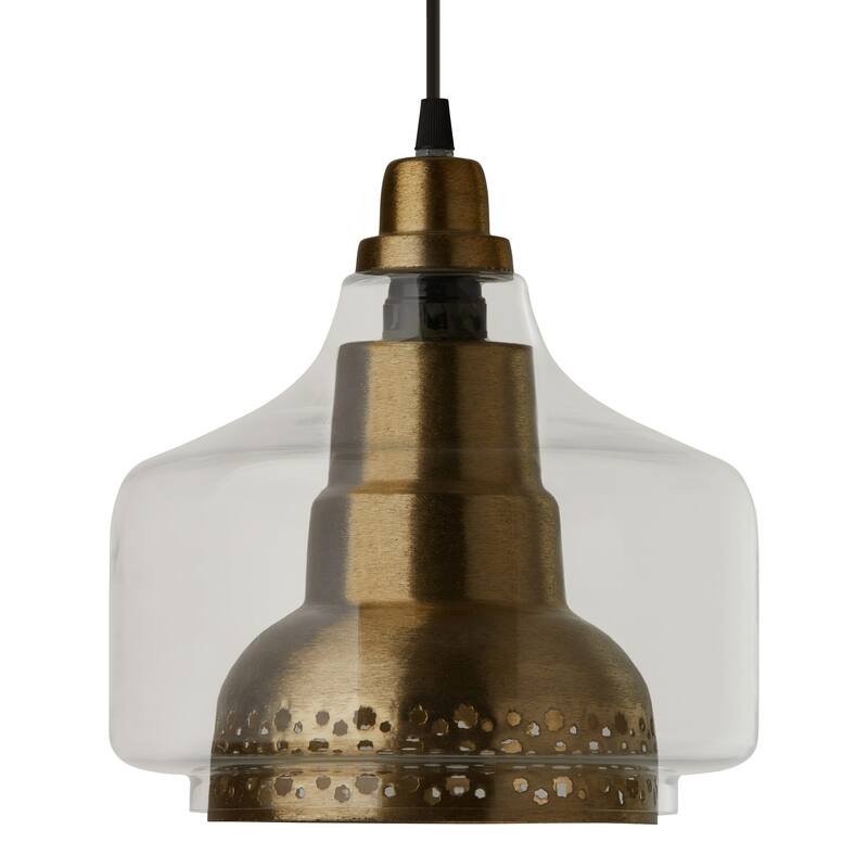 Lydia River of Goods Brushed Brass Bell-Shaped Pendant Light with Clear Glass Shade - 7" x 7" x 12/77"