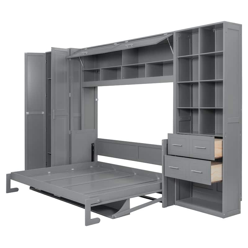Multifunctional Foldable Murphy Bed Queen Size Wall Bed with Built-in Top Cabinet, Side Wardrobe, Storage Shelves and 2 Drawers