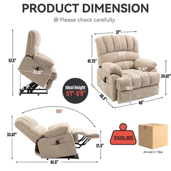 dimension image slide 0 of 3, Chenille Power Lift Recliner Chair with Vibration Massage and Heating