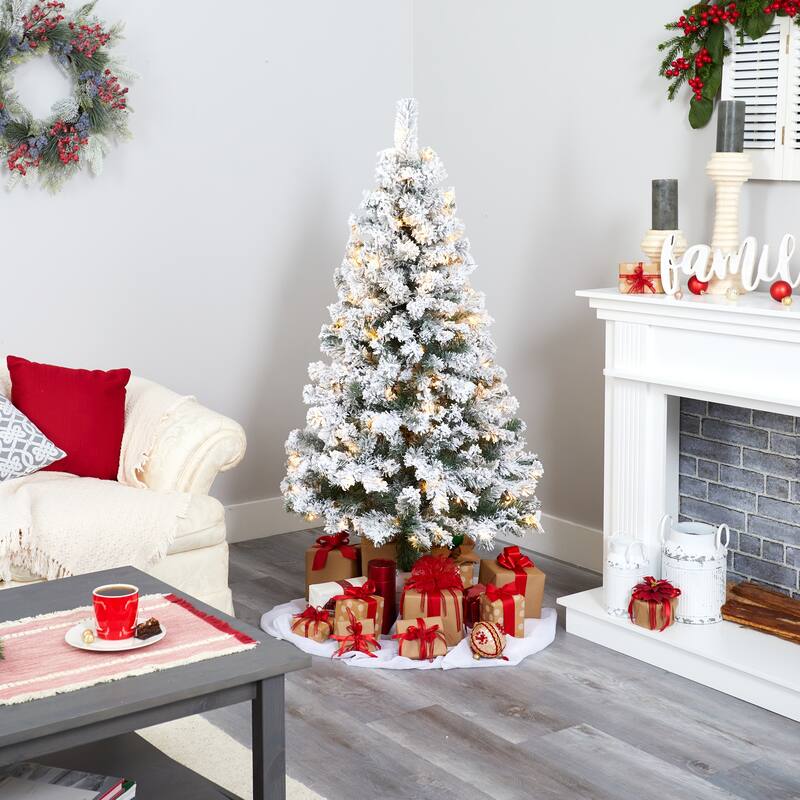 5' Flocked Fir Artificial Christmas Tree, Warm Clear LED Lights - 5 Foot