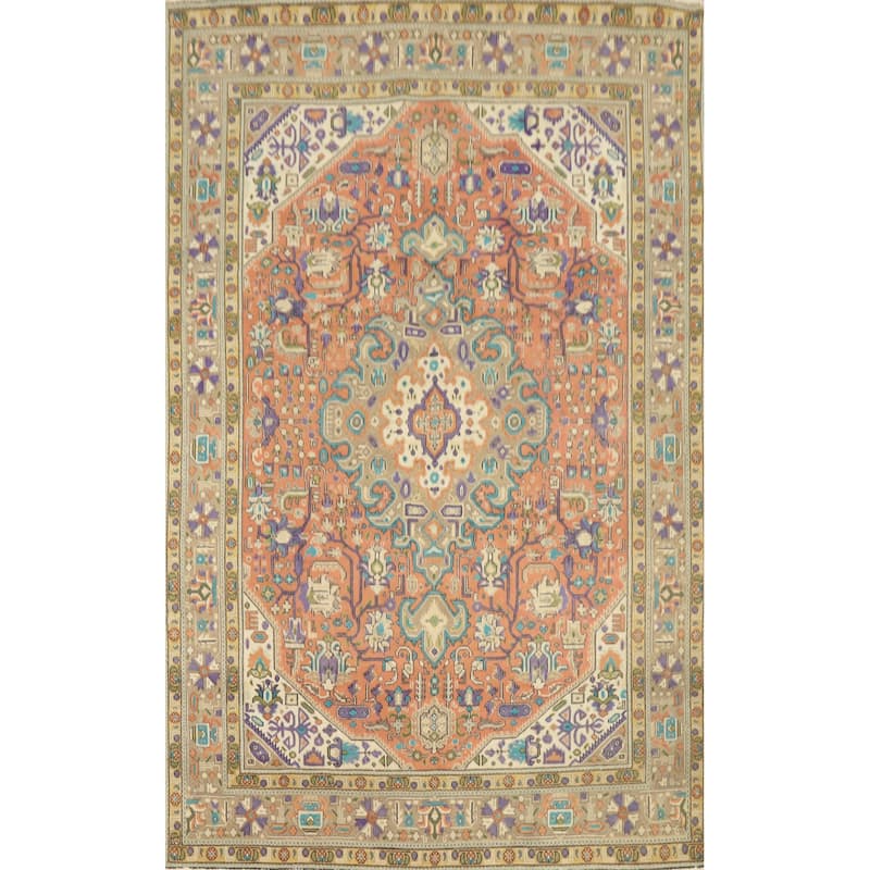 Hand Knotted Oriental 100% Wool Carpet Traditional Floral Oranges & Rust Tabriz Area Rug - 9' 3'' X 6' 5''