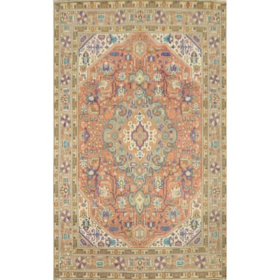Hand Knotted Oriental 100% Wool Carpet Traditional Floral Oranges & Rust Tabriz Area Rug - 9' 3'' X 6' 5''