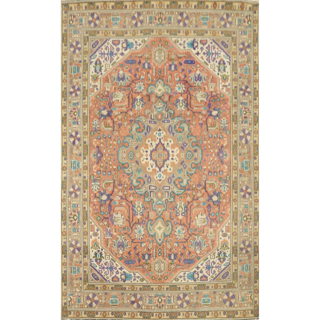 Hand Knotted Oriental 100% Wool Carpet Traditional Floral Oranges & Rust Tabriz Area Rug - 9' 3'' X 6' 5''
