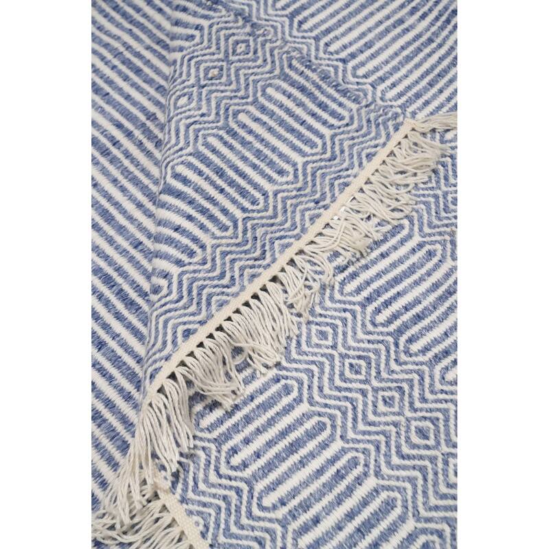 Hand Woven Oriental 100% Wool Carpet Traditional Geometric Navy Blue & Blues Durrie-Kilim Area Rug - 8' 1'' X 5' 0''