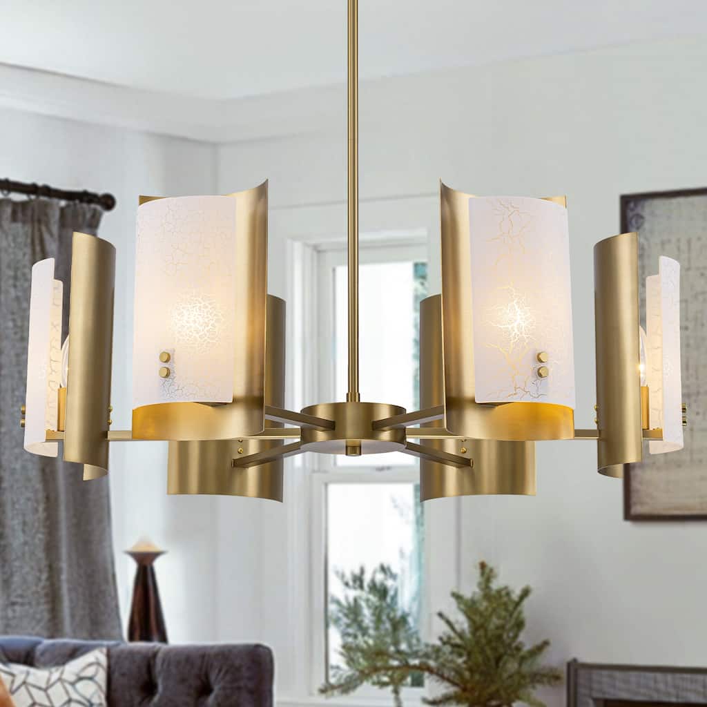 6-Light Modern Brushed Gold Chandelier White Crackle Glass Shades - Dia.29.53-in