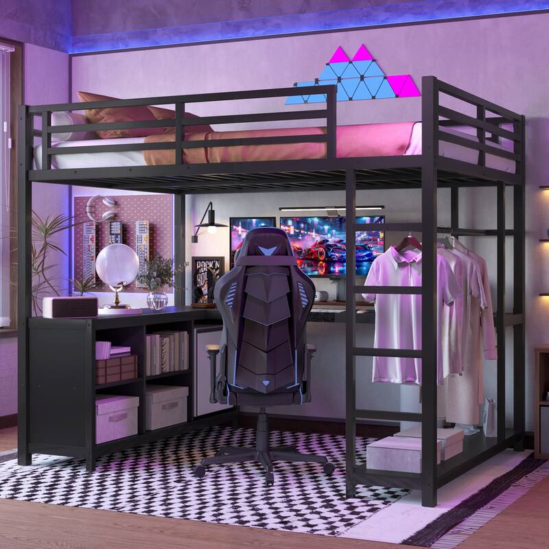 Full Size Metal Loft Bed with Wardrobe & L-shaped Desk with Storage Cubes and Shelves for Kids Teens Adults, Black