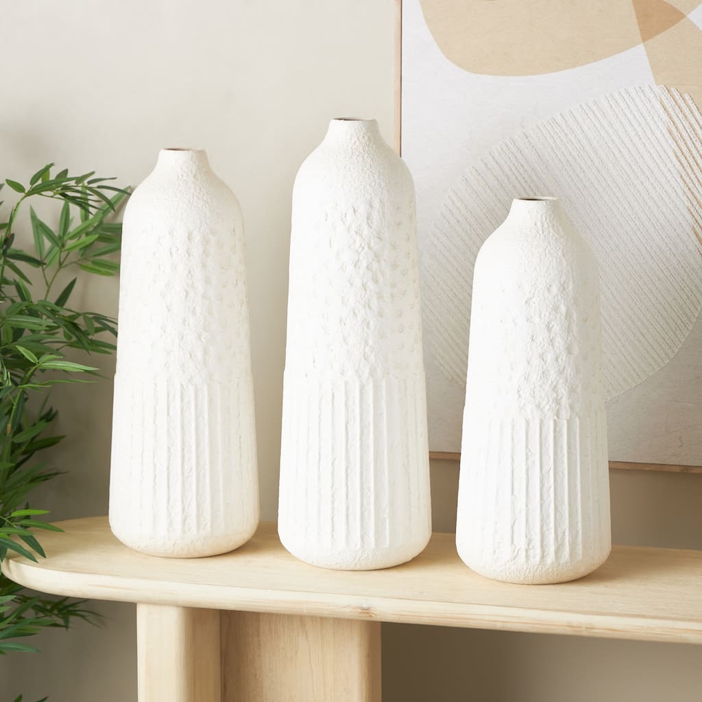 White Metal Textured Decorative Vase with Honeycomb Pattern (Set of 3)