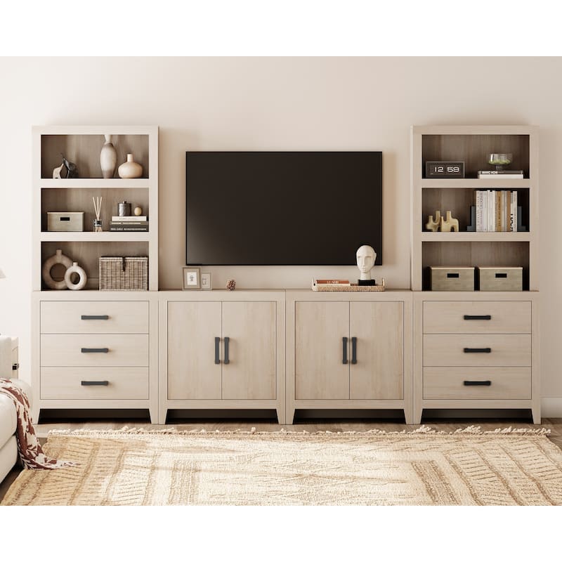 WAMPAT Entertainment Center with Bookshelves, Farmhouse TV Stand, Media Console with Adjustable Shelves for Living Room, Bedroom - Beige