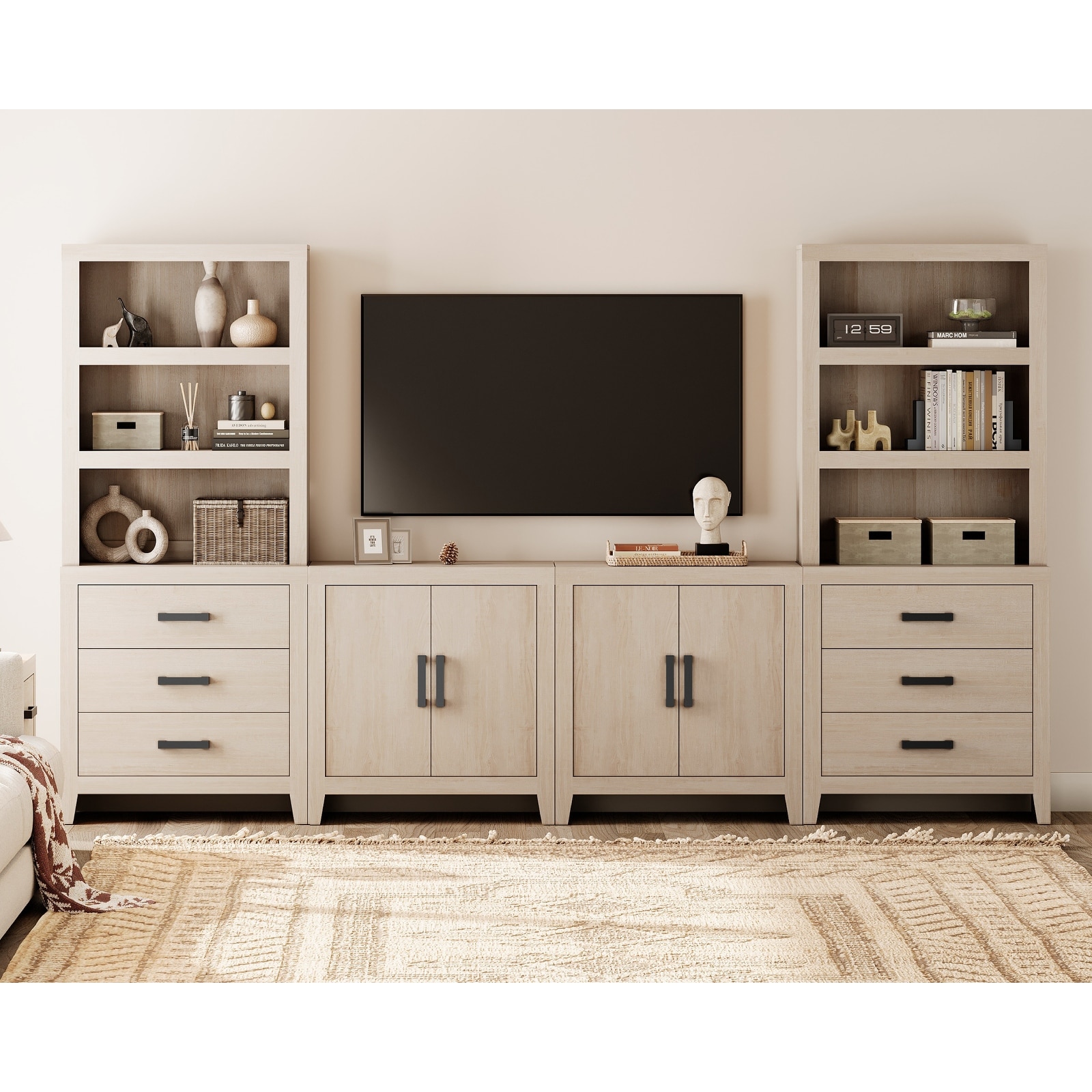 WAMPAT Entertainment Center with Bookshelves, Farmhouse TV Stand, Media Console with Adjustable Shelves for Living Room, Bedroom