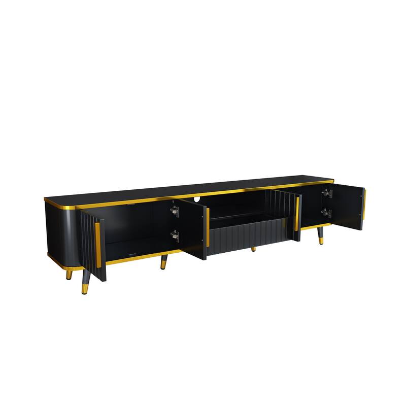 Elegant 79-Inch TV Stand with Ample Storage, Golden Elements, and Sleek Design - Ideal for Large Living Spaces.