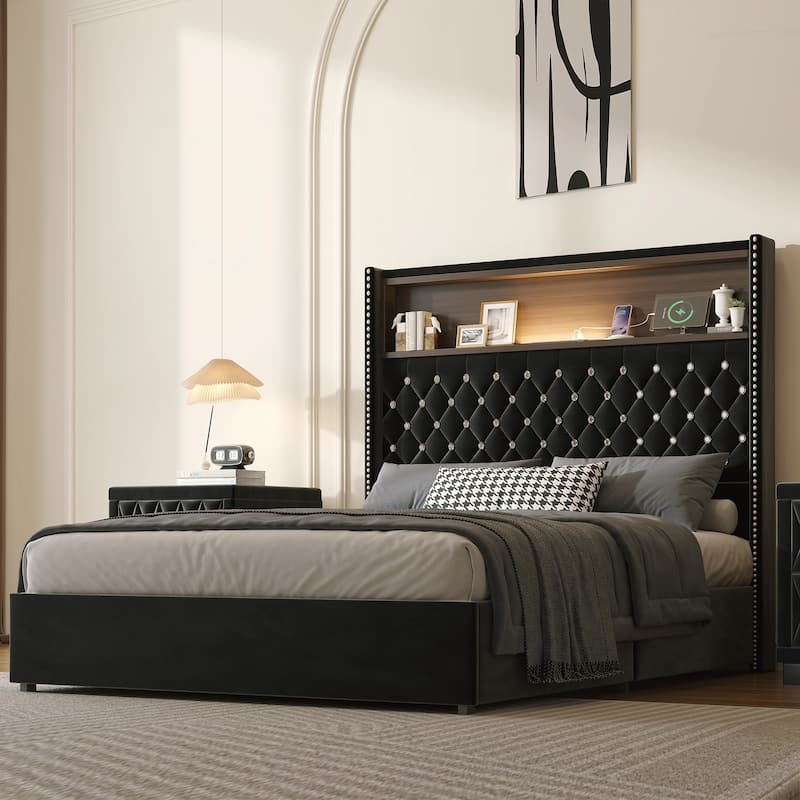 Full Size Tufted Soft Bed Frame with USB Port and Night Light