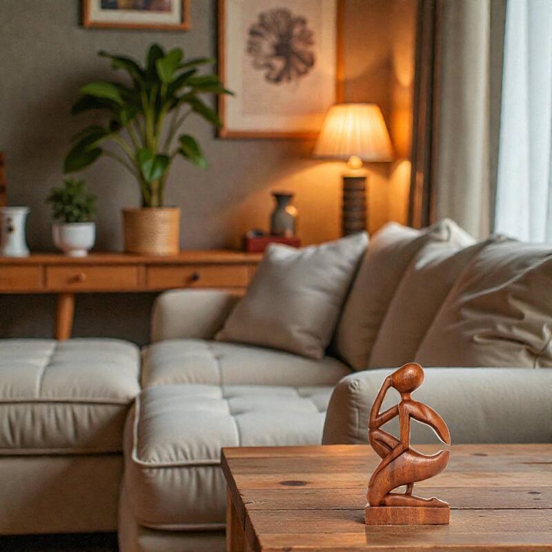 12" Abstract Sculpture Wooden Handmade Handcrafted "The Thinker" Home Decor Figurine Accent Hand Carved Thinking Man Statue