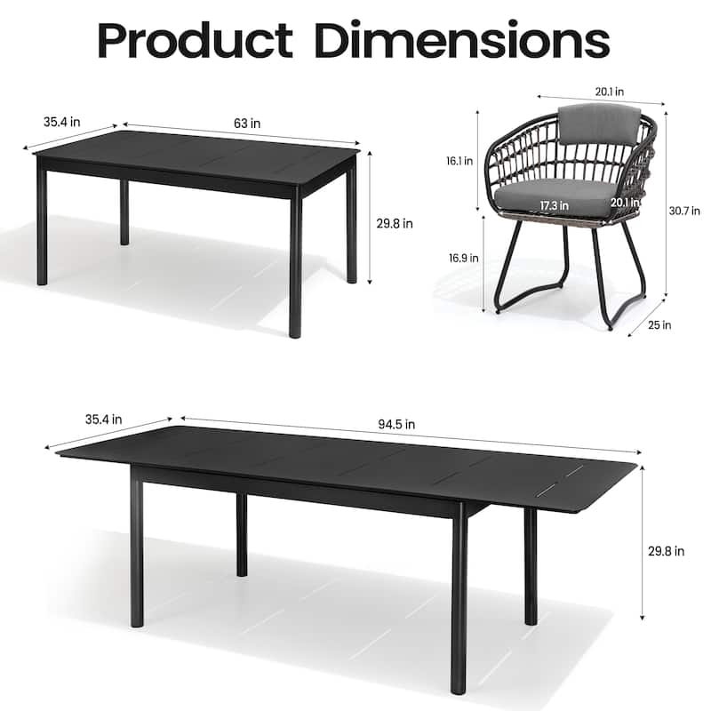 7/9PC Outdoor Aluminum Expandable Patio Dining Sets Extension Table with Rattan Chair
