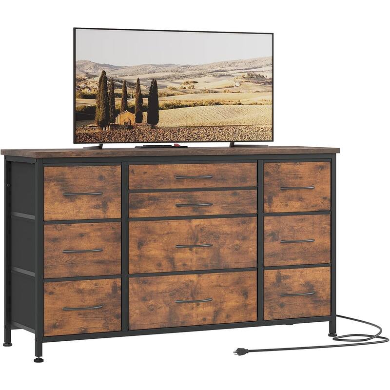 55 Inch Dresser TV Stand with Charging Station and Wood Tabletop - Brown