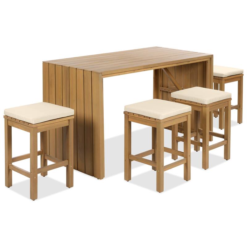 5-Piece Patio Acacia Wood Bar Set with Bar Height Table abd Four Stools