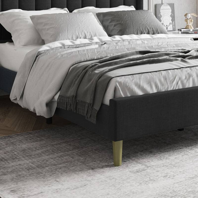 Queen Size Upholstered Bed Frame with Headboard Mattress, Dark Grey