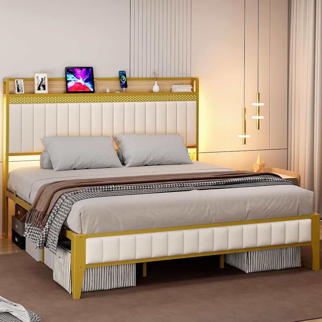 White & Gold Upholstered Platform Bed with LED Light, Charging Station & Storage Headboard, Noise Free