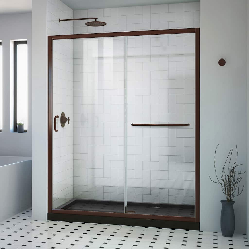 DreamLine Infinity-Z 30 in D x 60 in. W x 74 3/4 in H Clear Sliding Shower Door in Oil Rubbed Bronze, Center Drain Black Base