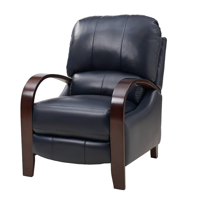 Alex Mid-century Modern Genuine Leather Manual Recliner with Wooden Curved Arms