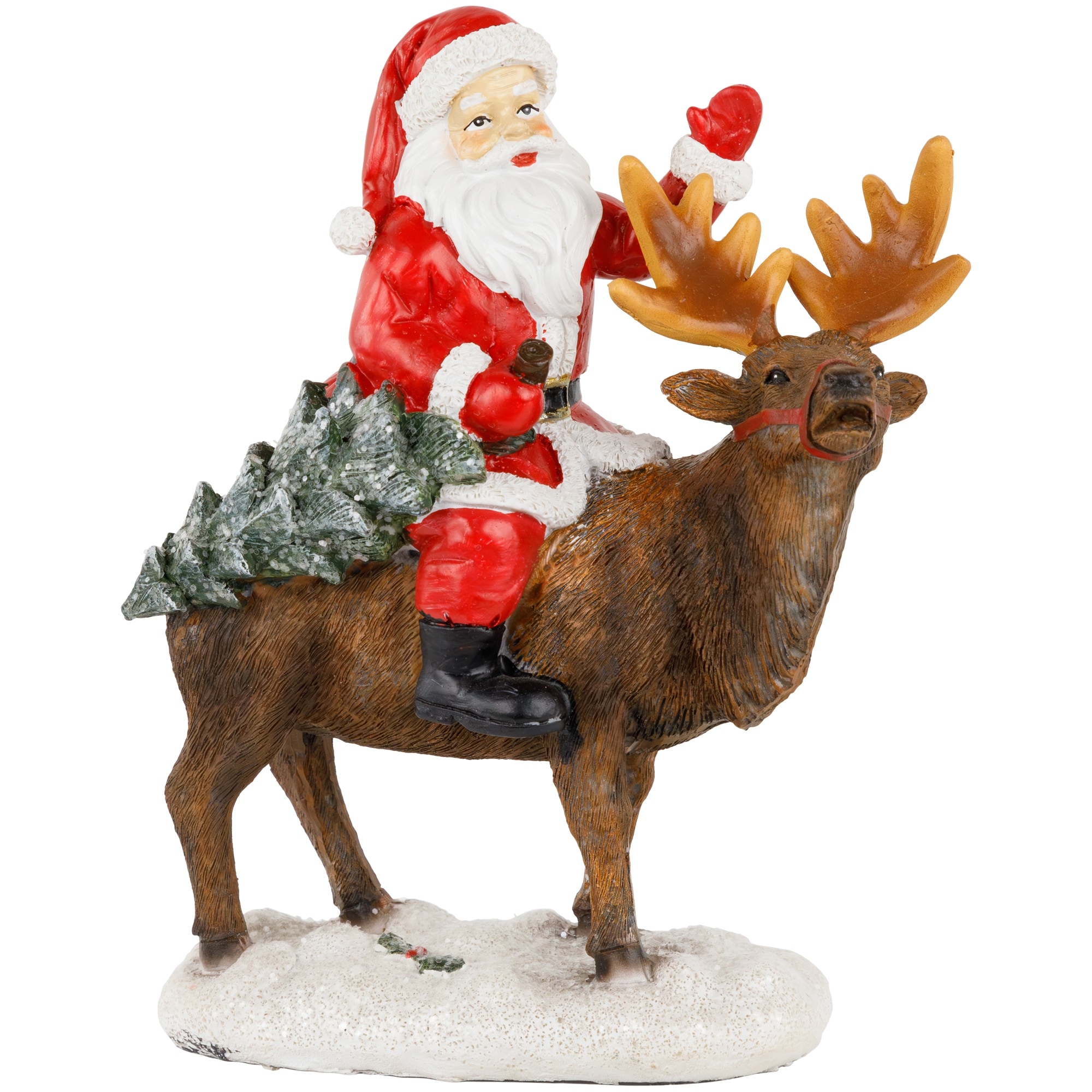 Santa Claus On A Reindeer Holding A Frosted Pine Tree Figurine 8.25"