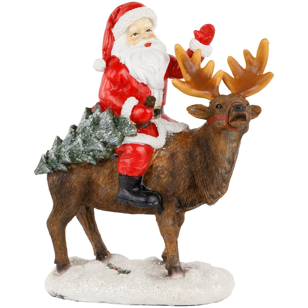 Santa Claus on a Reindeer Holding a Frosted Pine Tree Christmas Figurine - 8.25"