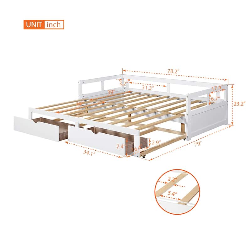 Wooden Extendable Daybed with Trundle Bed and 2 Storage Drawers