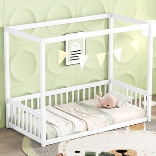 Twin Size Canopy Frame Floor Bed with Fence, Guardrails