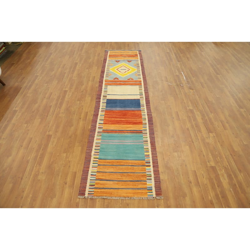 Hand Woven Oriental 100% Wool Carpet Southwestern Tribal Multi-Colored Kilim Runner Rug - 11' 2'' X 2' 9''