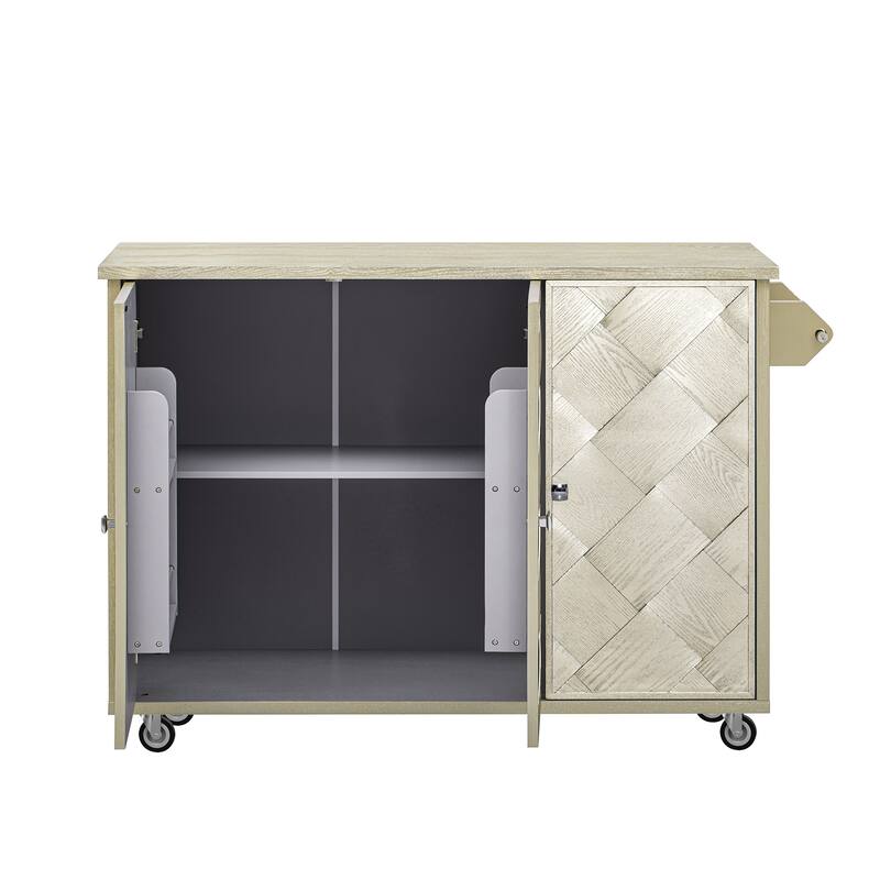 51.2" Wood Rolling Kitchen Island w/ Drop Leaf, Internal Storage Rack