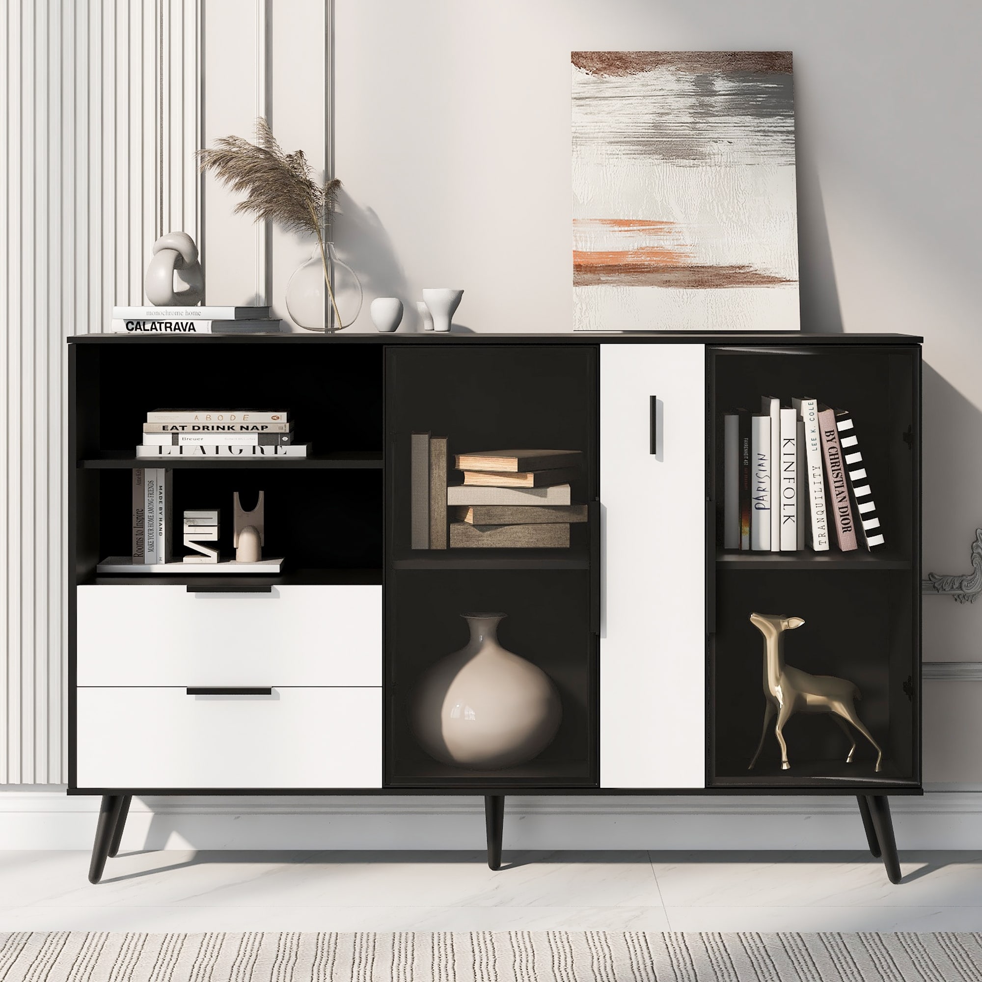 Featured Two-Door Storage Cabinet with Two Drawers, Metal Handles, Cup Storage, for Corridors, Entrances, Living Rooms