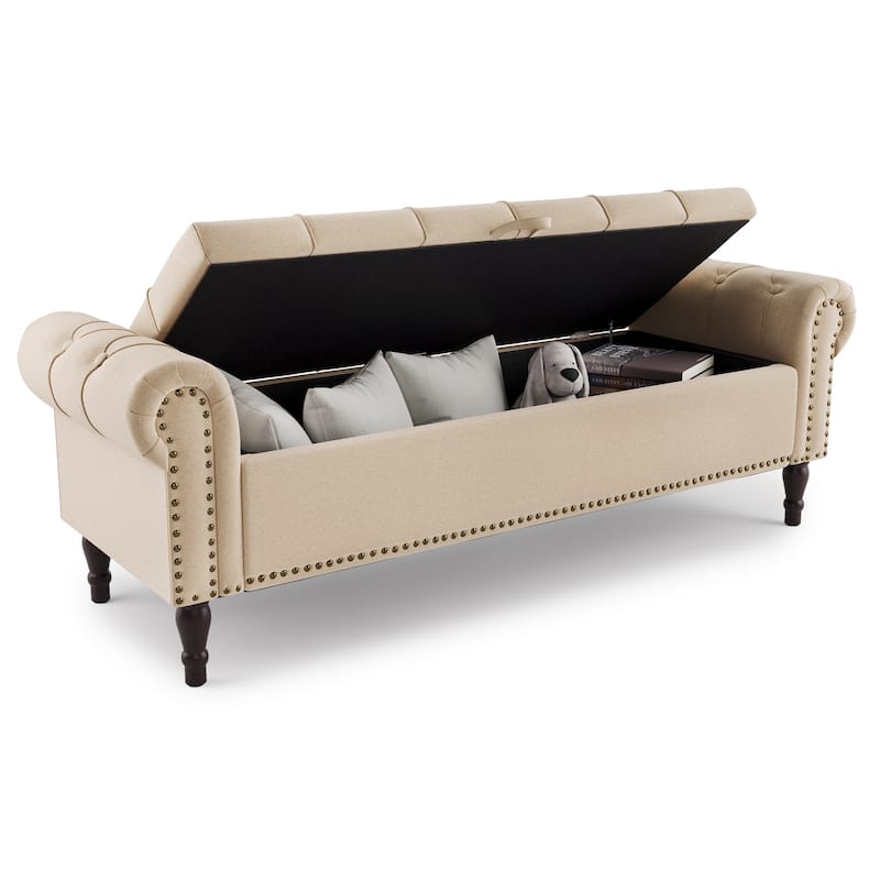 Modern Velvet Upholstered Storage Bench with Silver Nailhead Trim