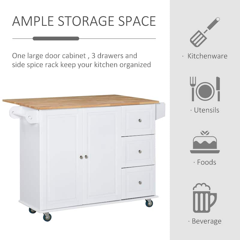 HOMCOM Kitchen Island Mobile Storage Cart with Towel/Spice Rack, 3 Drawers, 2-Door Cabinet and Lockable Wheels