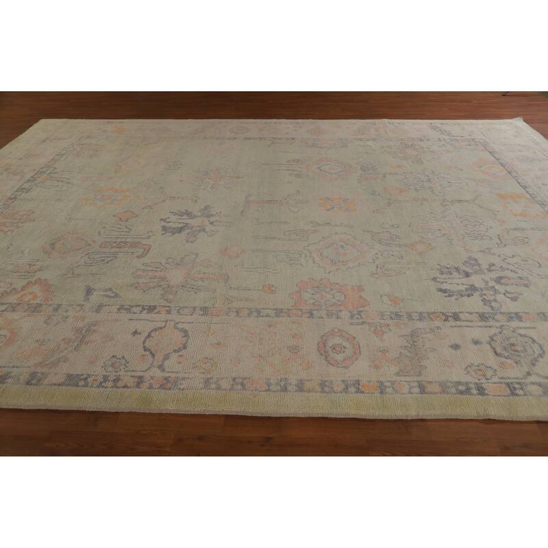 Hand Knotted Oriental 100% Wool Carpet Transitional All-Over Green Oushak Area Rug - 13' 9'' X 10' 4''
