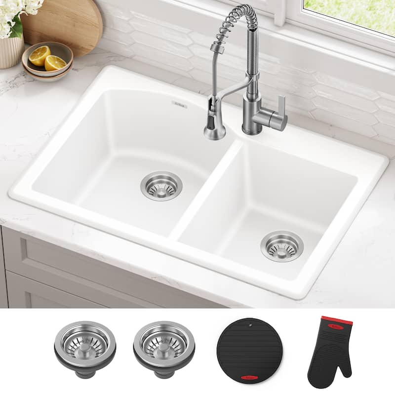 KRAUS Forteza Granite 33 inch 60/40 Undermount Drop-in Kitchen Sink - White - 33" x 22" (sink KGD-50WHITE)