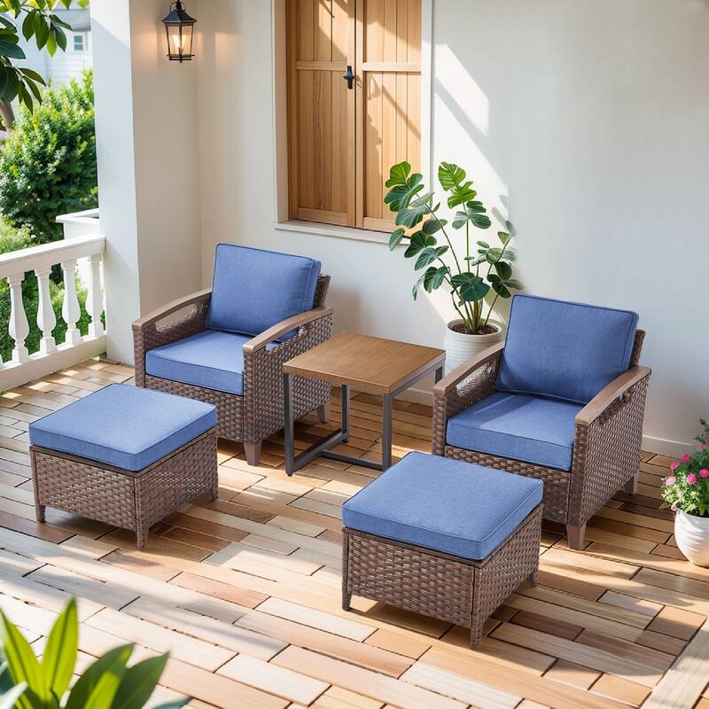 Pocassy Outdoor Club Chair with Cushion Set - Blue Cushion - Club Chairs Table with Ottoman Set