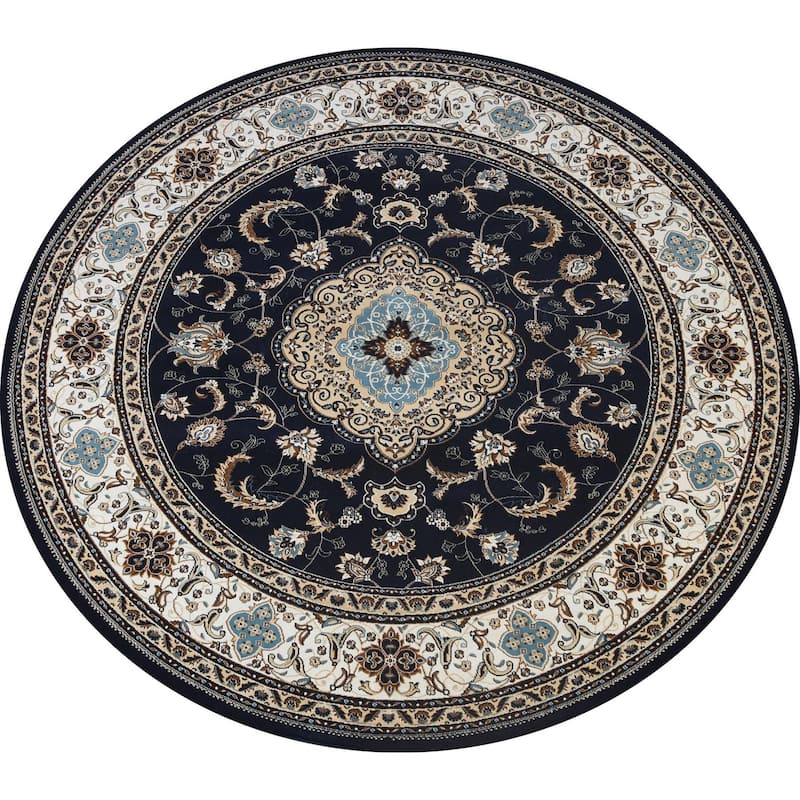 Navy Blue Floral Oriental Traditional Tabriz Area Rug Turkish Carpet - 8'0" x 8'0" Round