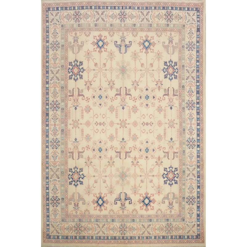 Hand Knotted Oriental 100% Wool Carpet Traditional Geometric Beige & Ivories Kazak Area Rug - 9' 11'' X 8' 2''