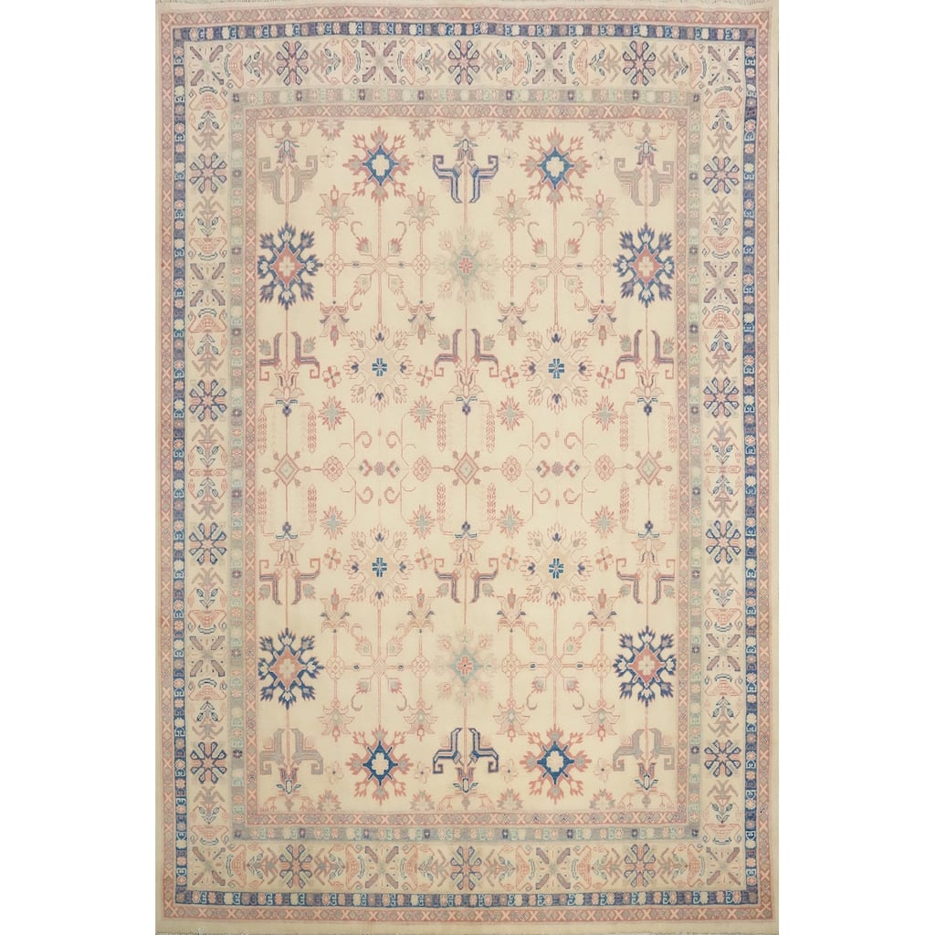 Hand Knotted Oriental 100% Wool Carpet Traditional Geometric Beige & Ivories Kazak Area Rug - 9' 11'' X 8' 2''