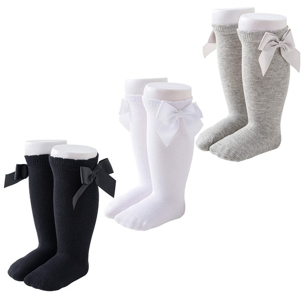 slide 2 of 6, CozyWay Toddler Knee High Bow Socks, Black White Gray, 3 pair - Multi-Color