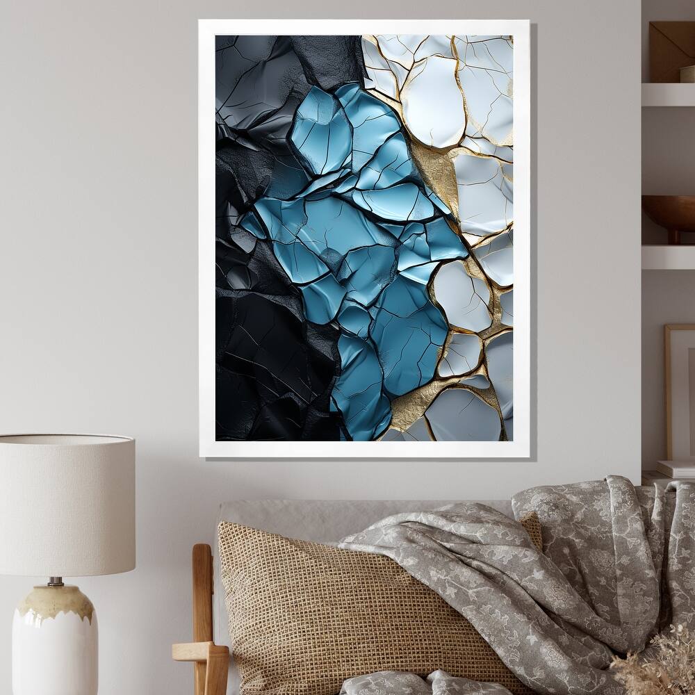 Designart "Turquoise White And Gold Marble Art" Abstract Painting Framed Canvas Art Print